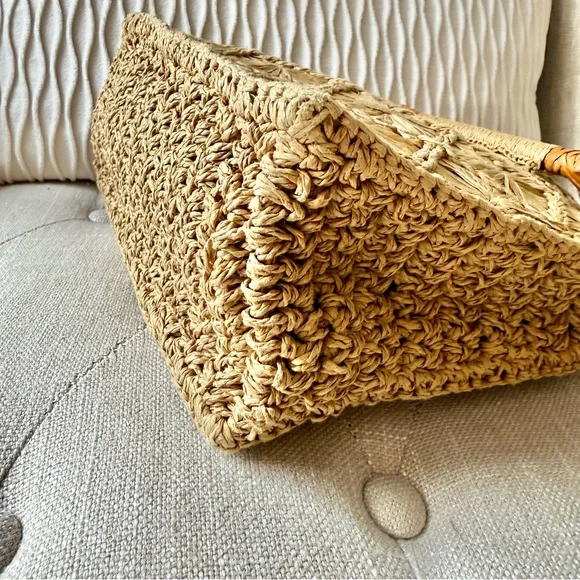 Fossil Vintage Straw Raffia Handbag Floral Lining Wood Handles - Picture 6 of 9